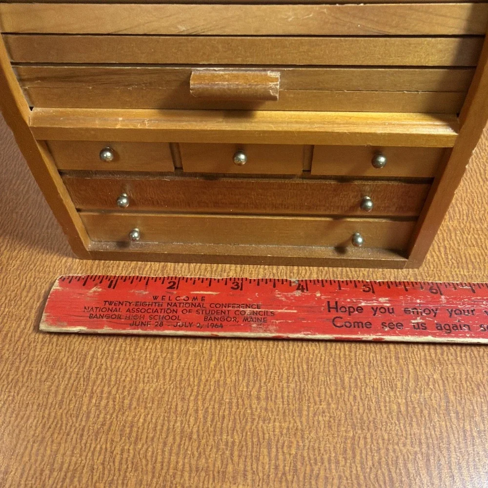 Vintage Wooden Roll Top Jewelry Box Mini Desk Organizer Drawers Made in Taiwan